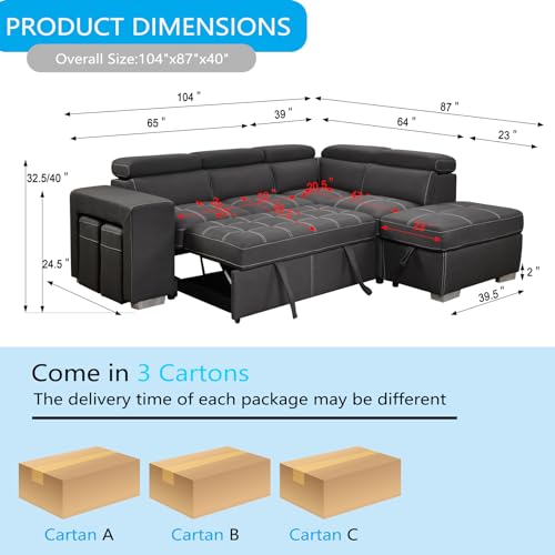 104'' Microfiber Sectional Sleeper Sofa with Pull Out Bed, L-Shaped Sectional Couch with Adjustable Headrest and Stools for Living Room, Chaise and Storage Ottoman, 5 Seats, Charcoal Grey