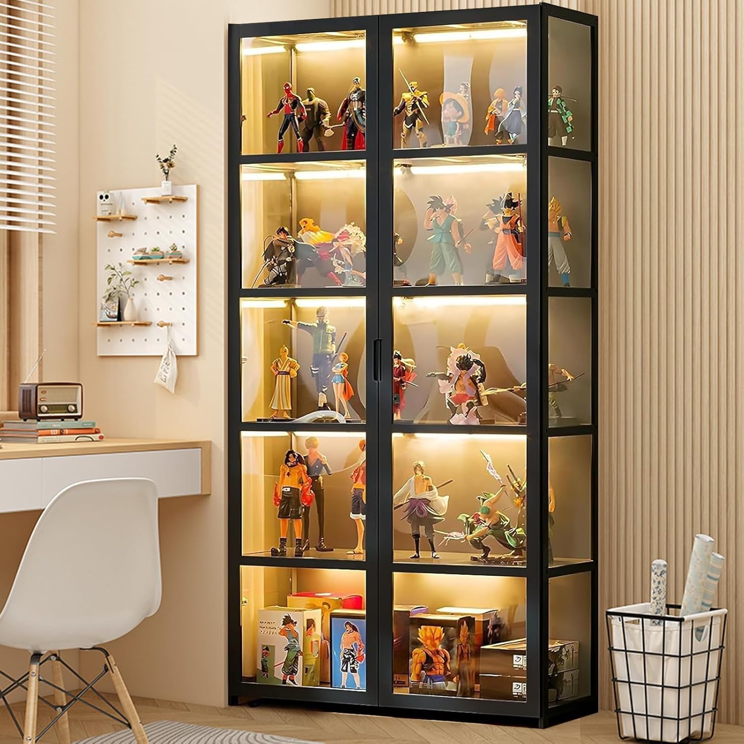 64” Curio Display Cabinet, 5 Tier Storage Cabinet with Acrylic Glass Door, Collectibles Toy Organizers Rack & Display Shelf, Kids Bookcase for Living Room, Toddler's Room, Bamboo (Black double door)