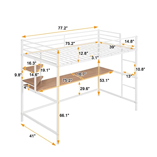 Loft Bed Twin Loft Bed with Desk and Two Shelves Metal Loft Bed Frame with Safety Guard & Ladder for Boys Girls and Junior,No Box Spring Needed/Easy to Assemble/Noise Free (White)