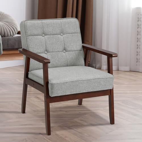 Mid Century Accent Chair,Single Linen Upholstered Armchair with Solid Wood Frame,Wooden Side Chair Retro Lounge Sofa Leisure Chair for Living Room, Bedroom,Set of 2