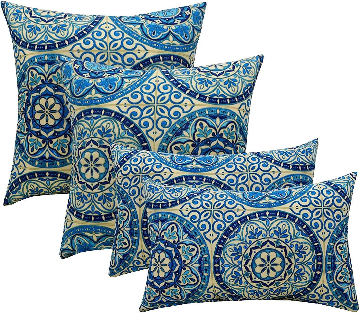 Indoor Outdoor Set of 4 (2-17?x17? Square and 20?x12?) Decorative Lumbar Toss Throw Pillow Weather Resistant - Wheel Indigo - Blue, Ivory, Large Sundial