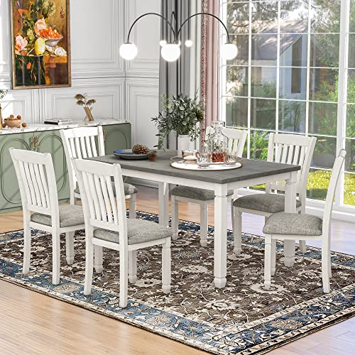 Classic Farmhouse 6-Piece Dining, Wooden Table and Chairs Set with Bench for Kitchen Living Room, Ideal for Heartwarming Family Gatherings, Brown+Cottage White