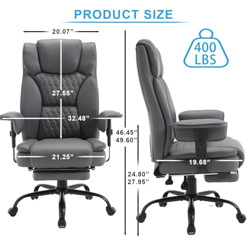 KCREAM Big and Tall Office Chair 500 LBS with Footrest,Reclining Office Chair Ergonomic High Back Computer Desk Chair with Lumbar Support,Wide Seat,Leather Executive Office Chair for Heave People,Grey