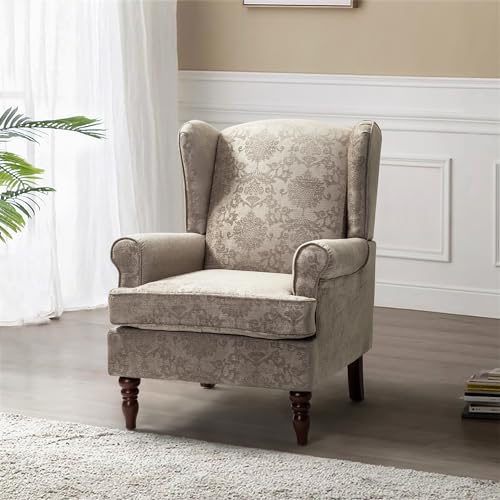 HULALA HOME Wingback Accent Chairs Set of 2 with Retro Wood Legs, Traditional Fabric Armchairs for Bedroom Living Room, Comfy Upholstered Sofa Chairs Reading Chairs with Unique Pattern Design, Brocade