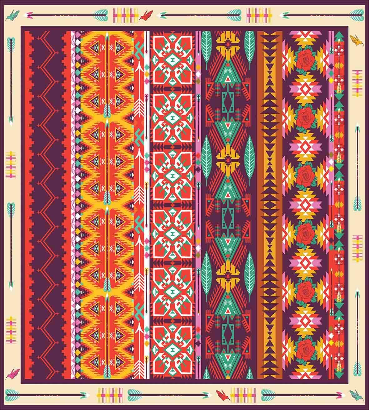 Lunarable Aztec Duvet Cover Set, Colorful Pattern with Birds Flowers and Arrows Mayan Latino Cultural Heritage Theme, Decorative 3 Piece Bedding Set with 2 Pillow Shams, Queen Size, Orange Purple