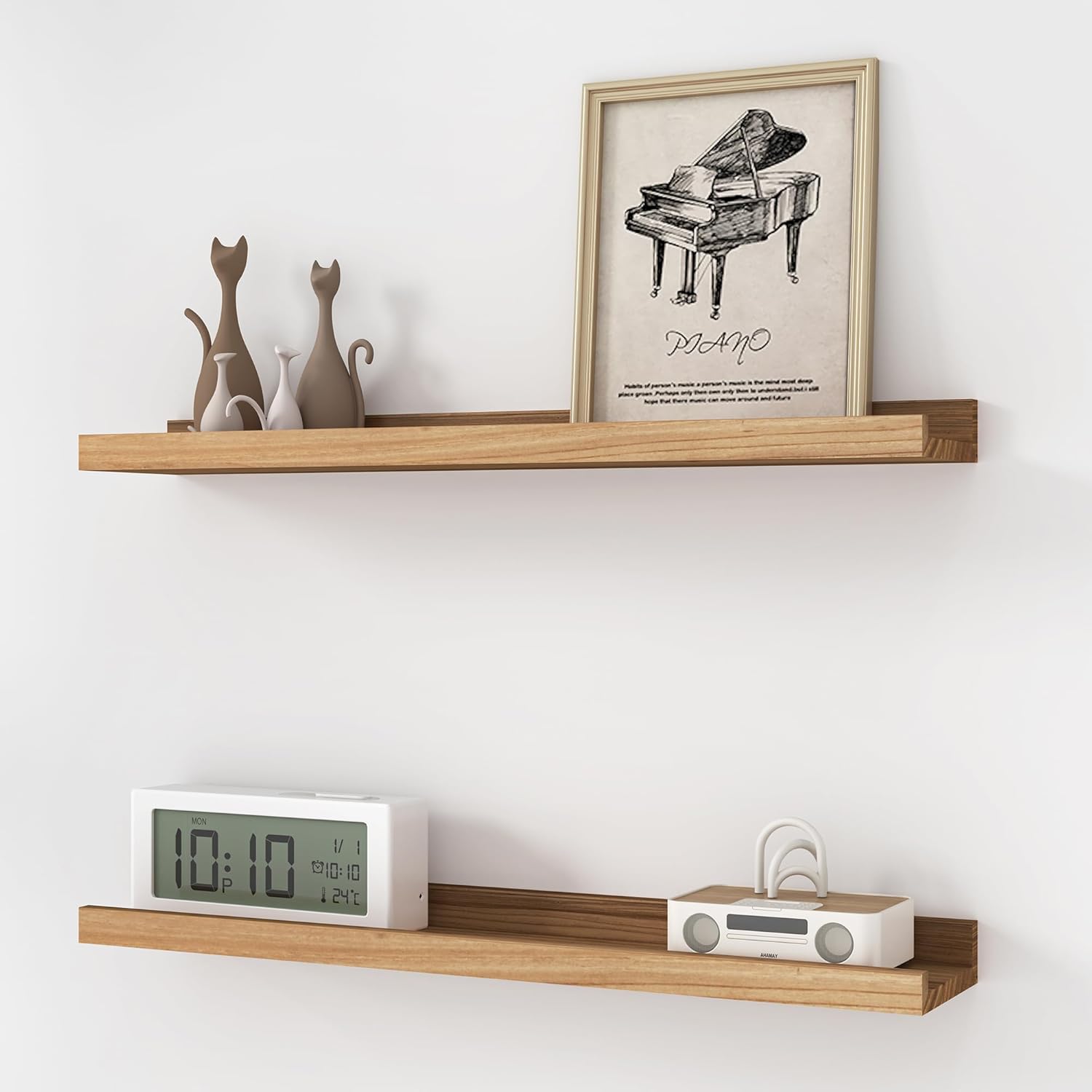 Picture Ledge Shelf - Solid Elm Wood Floating Shelves Set of 2 - Rustic Ledge Shelves for Toys Storage, Kids Bookshelf Wall Mounted for Bedroom, Living Room, Kitchen - 24 Inches - Natural Color