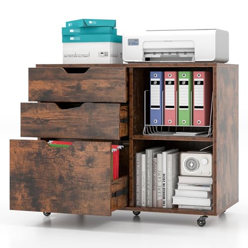 LOKO 3-Drawer File Cabinet, Mobile Printer Stand Cabinet with Adjustable Shelf, Rolling Lateral Filing Cabinet with Wheels for Letter, A4, Legal Size, for Home Office Organization (Black)