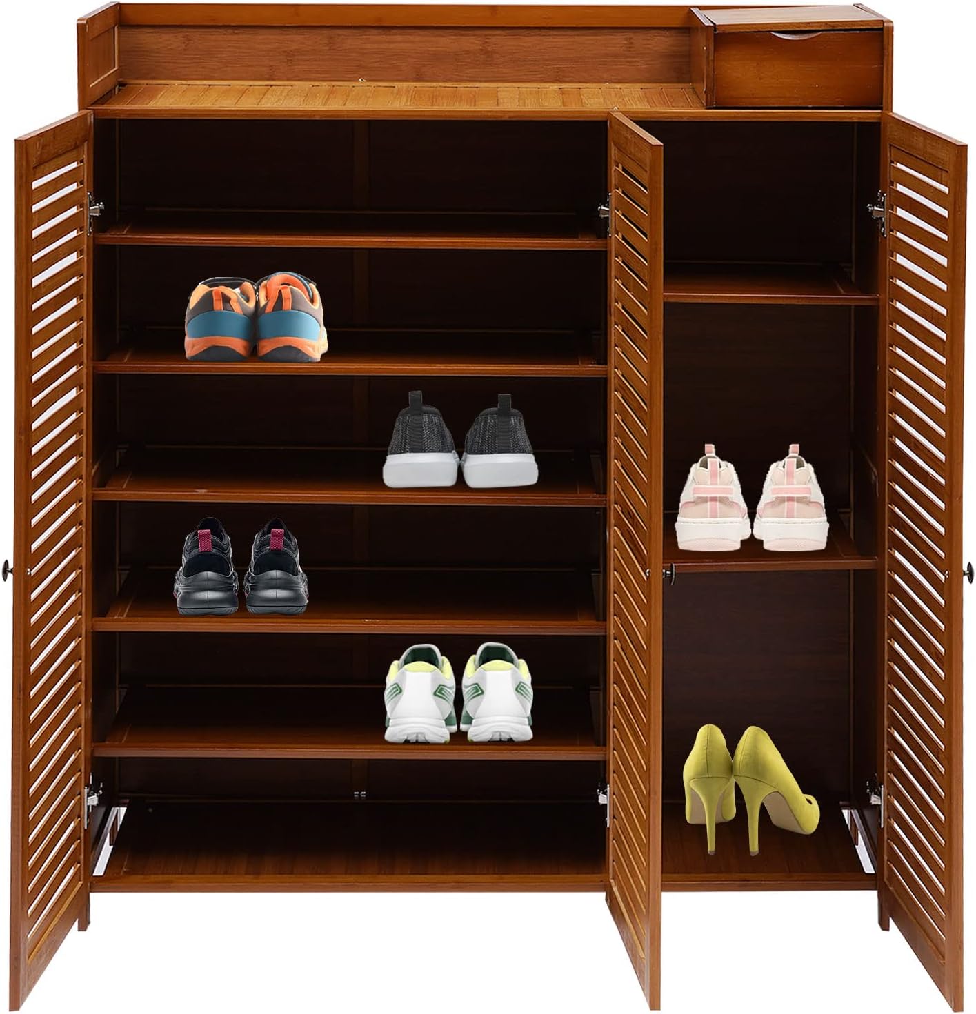7-Tier Shoe Storage Rack with 3 Doors, Bamboo Rack Organizer Cabinet Wood Freestanding Shoe Storage Cabinet for Entryway Hallway Closet, 38.6
