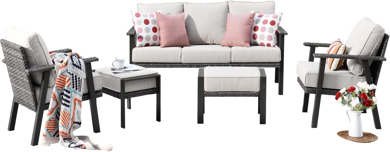 ovios Patio Furniture Set 5-Pieces Outdoor Wicker Rattan Sofa with Ottomans, High Back All Weather Conversation Set with Comfy Cushions for Backyard, Beige