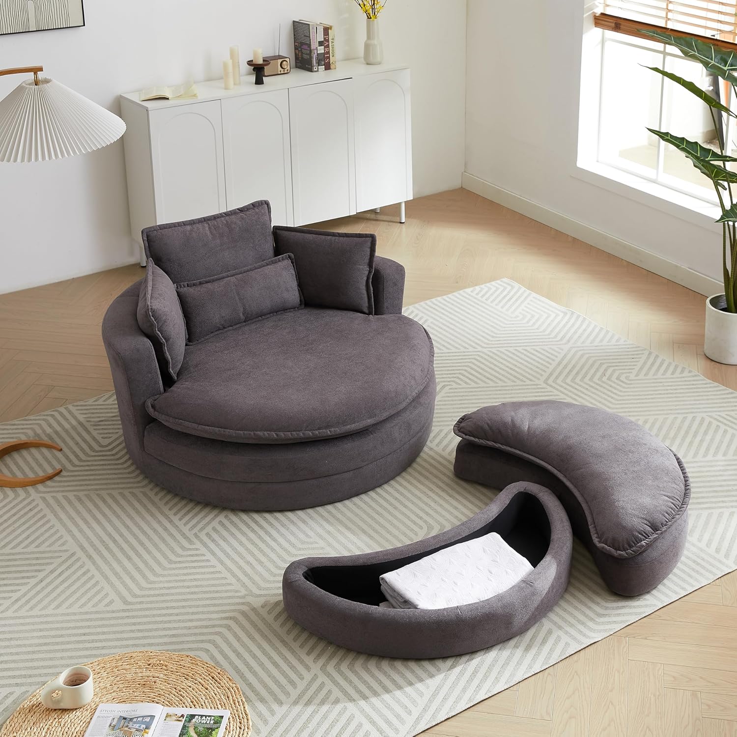 360-Degree Swivel Barrel Chair with Storage Ottoman,Modern Oversized Round Accent Leisure Armchair with 4 Pillows, Comfy Chenille Fabric for Living Room,Hotel,Club Lounge Sofachair, Grey 52“W