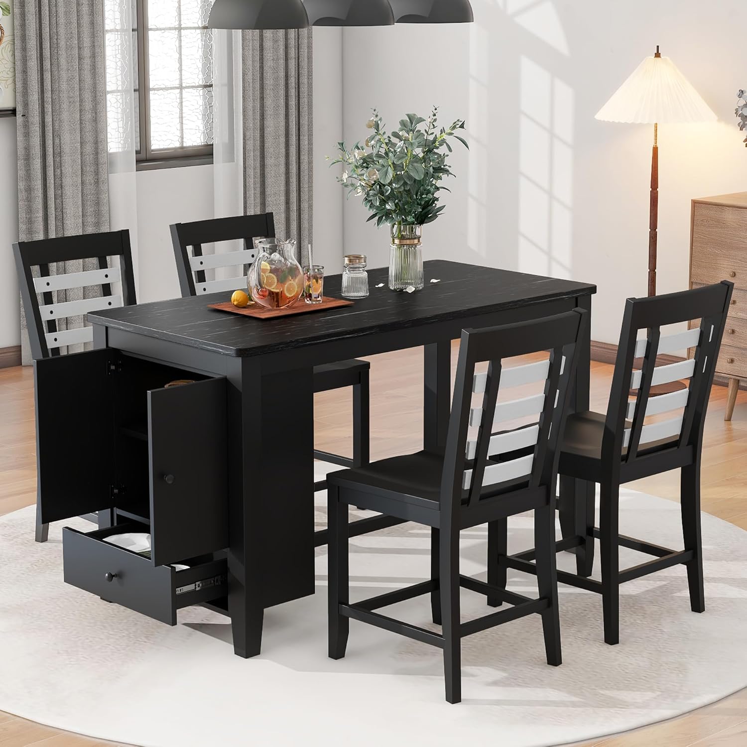5-Piece Counter Height Wood Dining Table Set with Faux Marble Tabletop, Storage Cabinet and Drawer & 4 Matching Chairs, Black