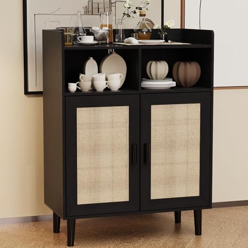 Ratten Buffet Cabinet with Storage,Mobile Bathroom Storage Cabinet with Wheels, Accent Sideboard Cabinet with Drawer for Hallway, Entryway, Living Room,Black