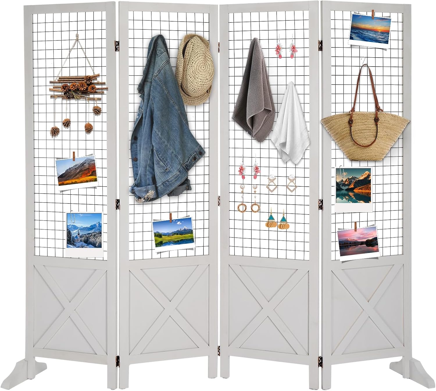 VINGLI Room Divider Freestanding Gridwall, 4 Panel Folding Display Board Organizer with Base Feet, Decorative Wooden Frame Wire Grid Screens for Craft Shows Events Retail (White, 5'×5')