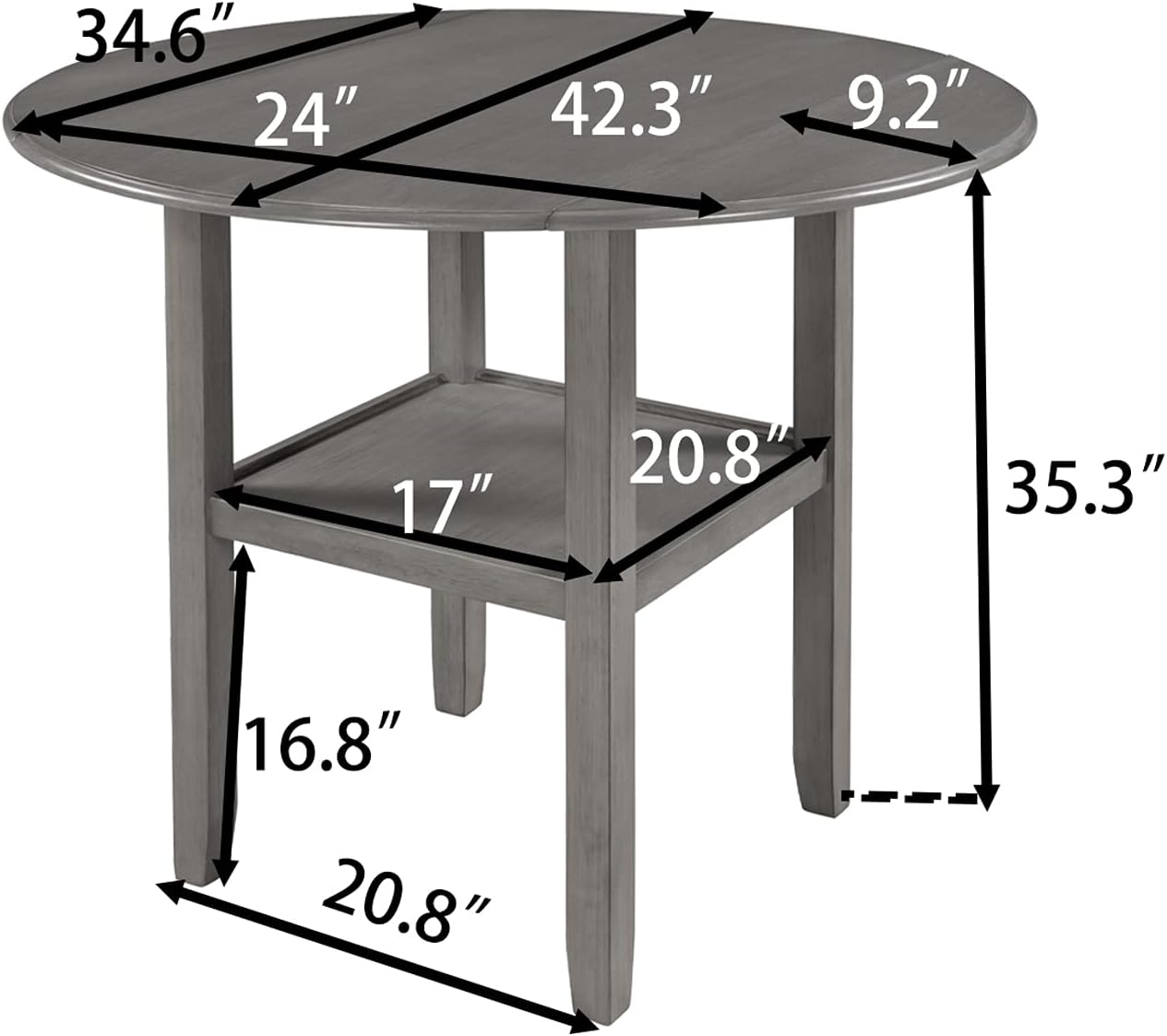 Danxee Farmhouse Rustic Round Indoor Wood Counter Table Wood Dining Table with Drop Leaf and One Shelf, 42 Inch for Kitchen, Dining Room (Gray)