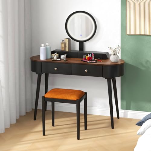 GOFLAME Makeup Vanity Desk Set, Dressing Table Set with LED Lighted Mirror, 3 Adjustable Lighting Modes and Touch Switch, Solid Wood Vanity Table and Cushioned Stool with 4 Drawers, White+Natural