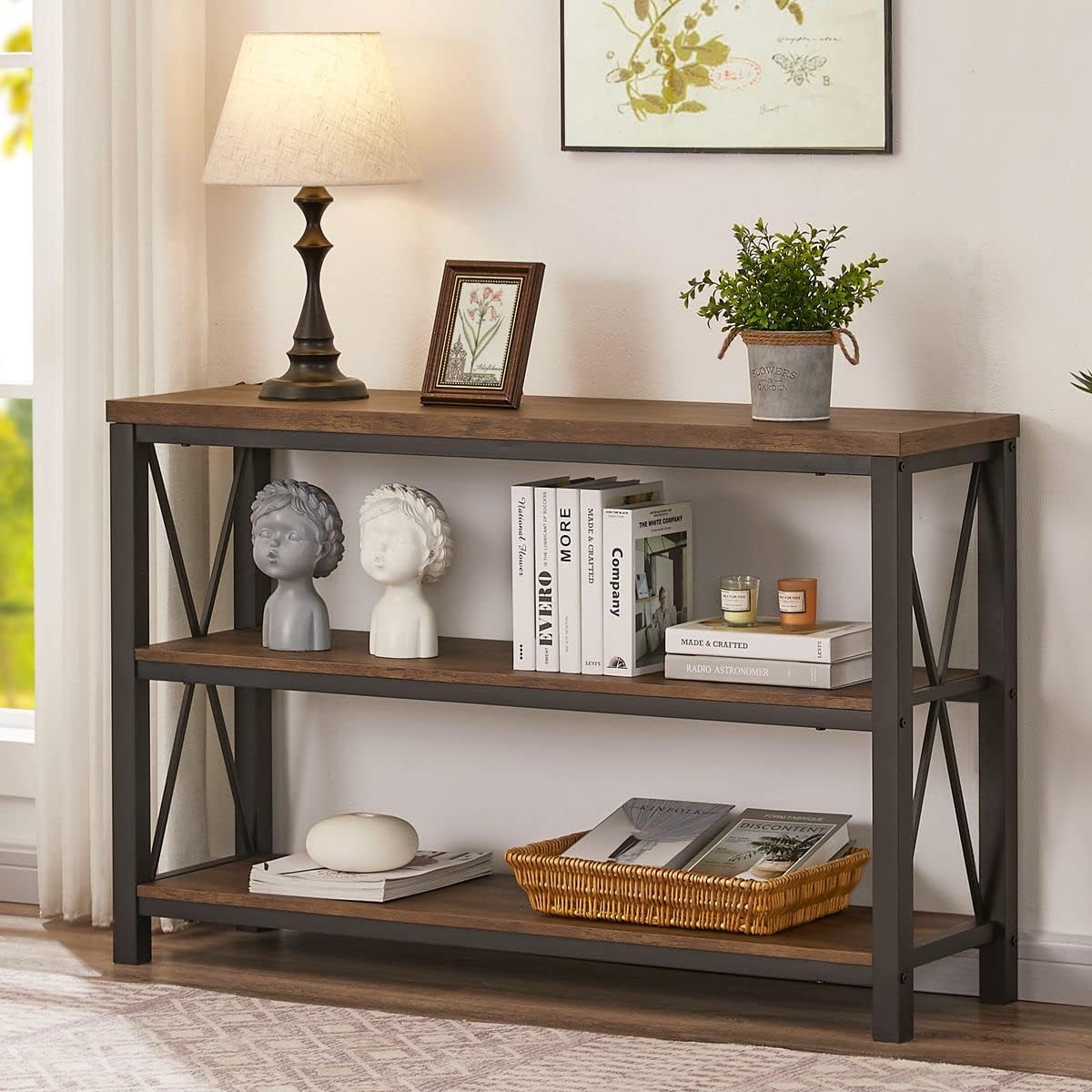 BON AUGURE Rustic Console Table Behind Couch, Farmhouse Large Book Shelves for Living Room and Bedroom(Rustic Oak)