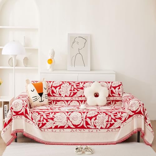 Reversible Chenille Sofa Cover, Non-Slip Wear-Resistant Sofa Slipcover, Boho Luxury Chenille Jacquard Fabric Couch Cover with Tassels for Dogs Kids with Black White Floral Pattern,Gold,71×11