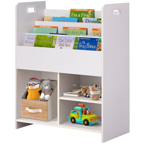 VECELO Kids Bookshelf, 2-in-1 Children sling Bookcase with Shelves and 3 Different Size Cubes, Wooden Toy Storage Cabinet Organizer for Kids Room, Bedroom, Nursery, Kindergarten, White