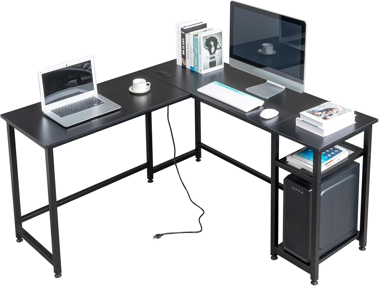 Tiger Black L-Shaped Desk Power Outlets & Shelf Large Computer Workspace Modern Home Office Furniture Elegant Design