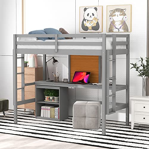 Merax Loft Bed Full Size, Wooden Loft Bed Frame with Desk, Cabinet, Writing Board & 2-Ladder, Convenient for Teens Adults (White)