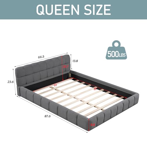 Merax Queen Size Upholstered Platform Bed, Platform Bed with Thick Fabric, Grounded Bed with Solid Frame, Beige