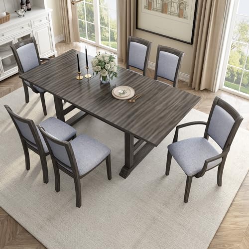 LUMISOL 6 Piece Dining Table Set with 4 Upholstered Chairs with Rattan Backrest and a Long Bench, Farmhouse Style Kitchen Table Set for 6, Solid Wood Table and Chairs Set for Dining Room, Grey