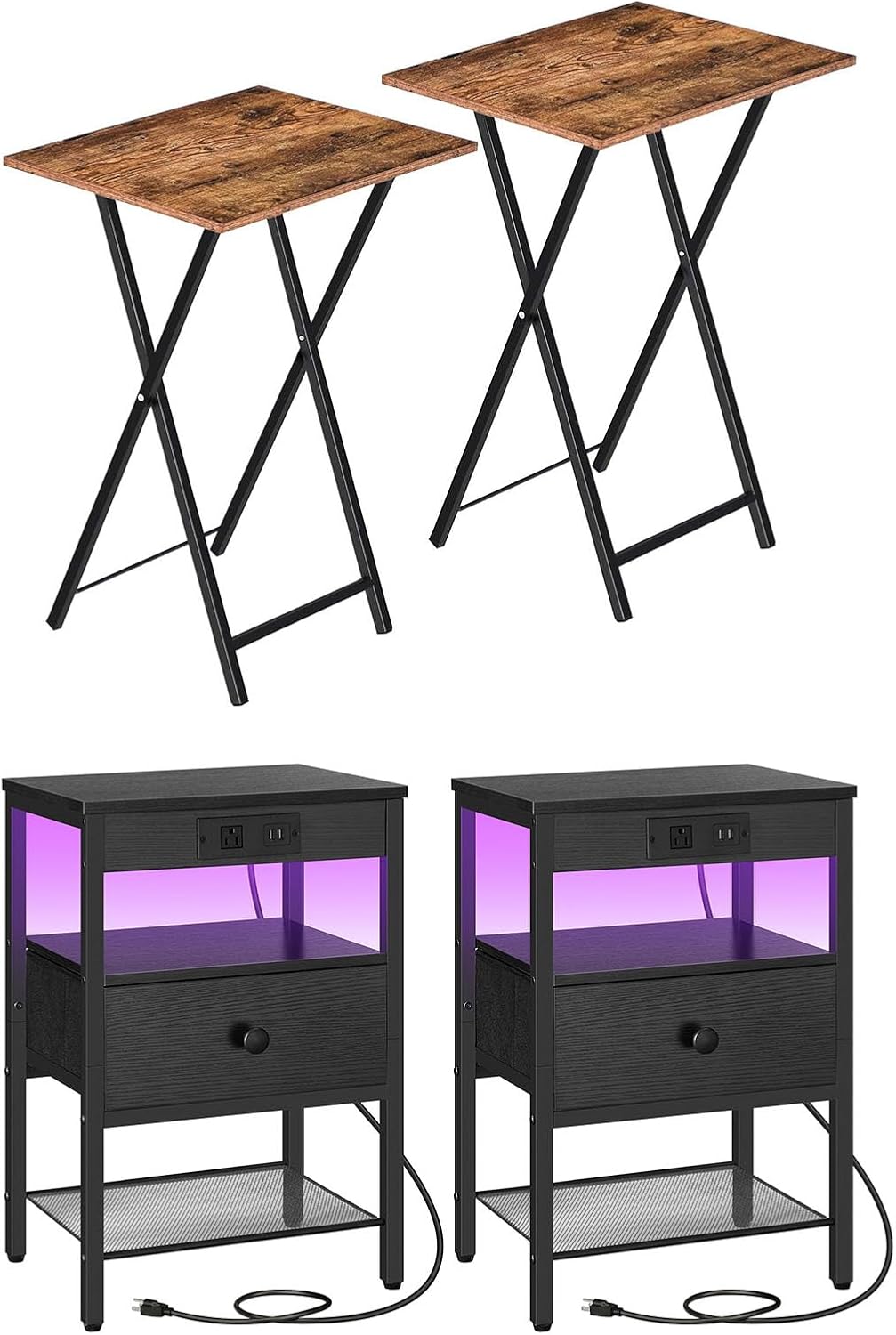 HOOBRO Folding TV Tray Tables and Nightstands Set of 2 with Charging Station Bundle, End Tables with Adjustable Fabric Drawer for Living Room, Bedroom BF25BZ01-BB142UDBZP201