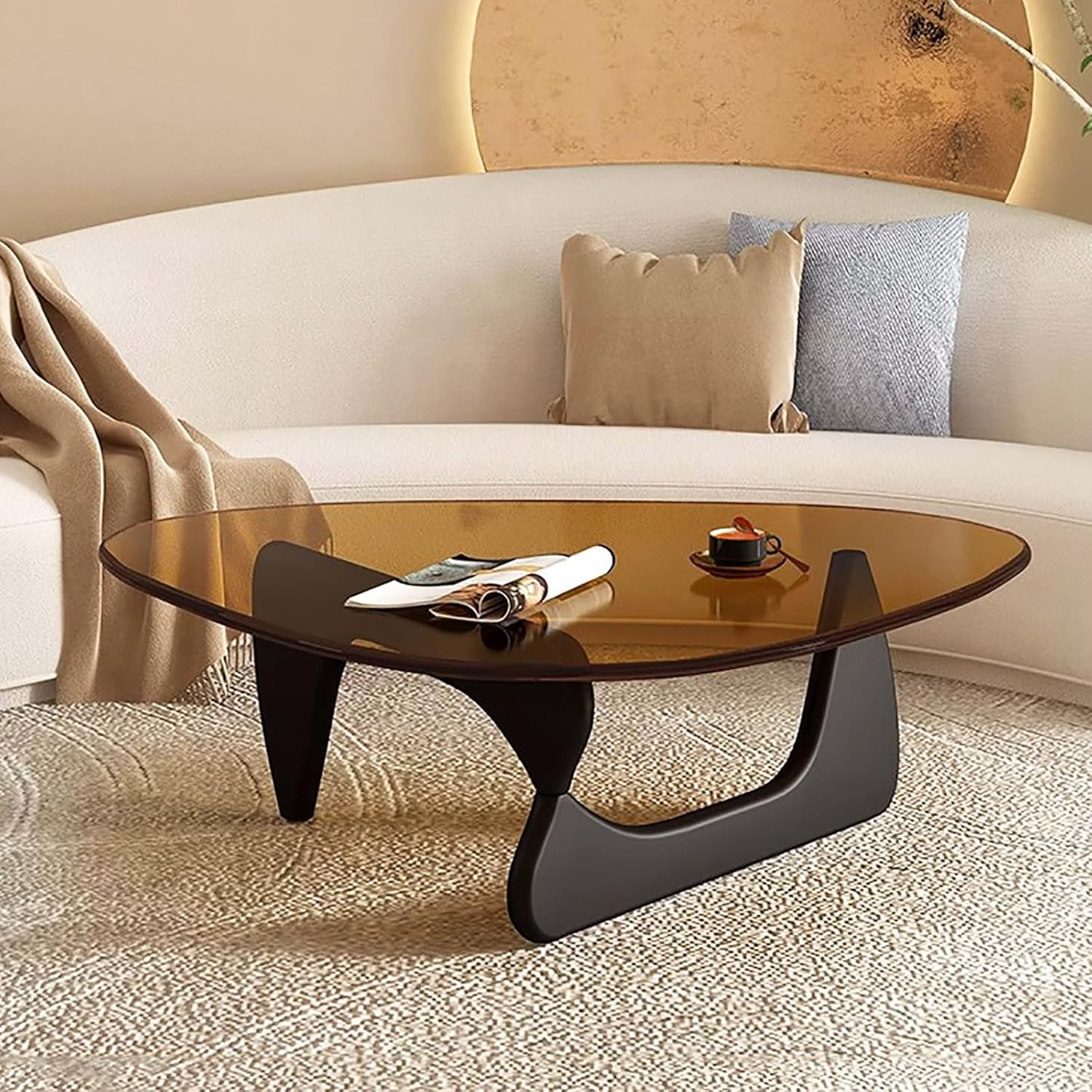 Triangle Coffee Table,Mid Century Modern Glass Coffee Table Solid Wood Base,Clear Abstract Coffee Table For Living Room Low Minimalist Tea Table Coffee Tables(32.3*22.4*16 inch, Brown-Black-B)