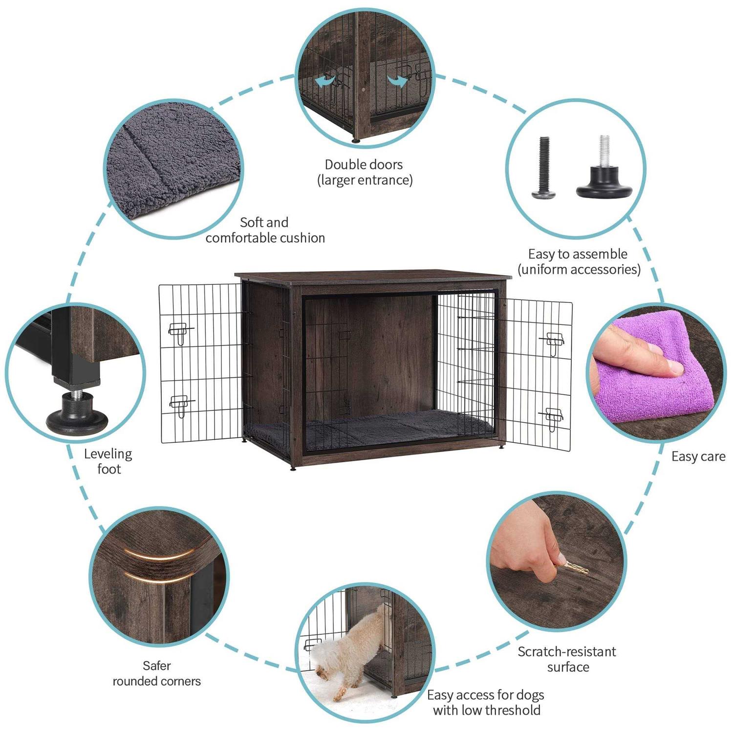 DWANTON Dog Crate Furniture with Cushion Wooden Dog Crate with Double Doors - Pet Supplies online store