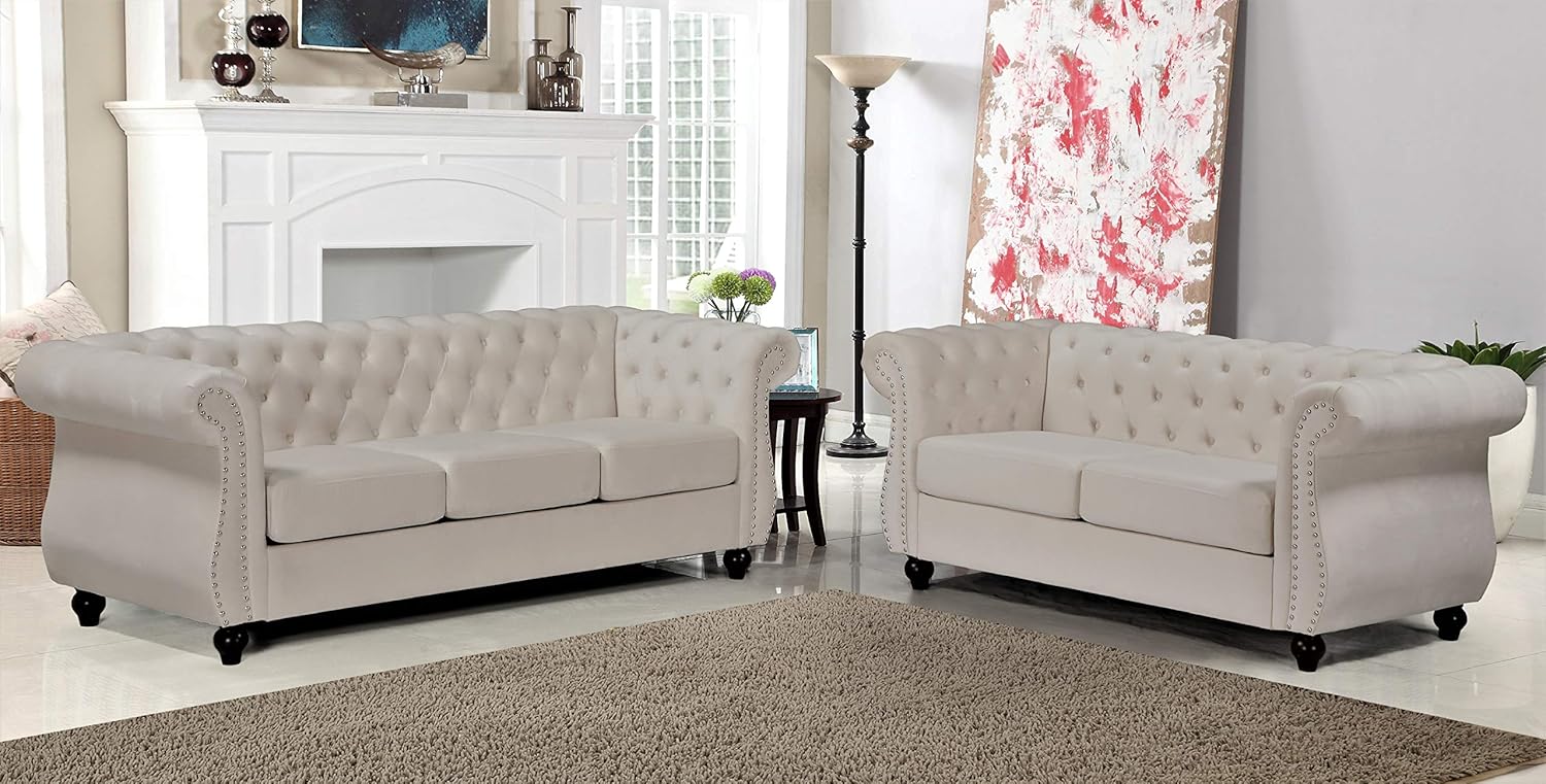 Feinstein Modern Velvet Upholstered Living Room Chesterfield with Gleaming Nailheads, Loveseat & Sofa, White Ivory