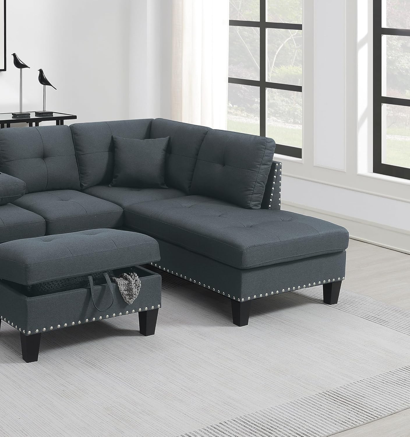 Oversized Reversible Sofa with Storage Ottoman, Cup Holder, Modern Modular Sectional Couch Rivet Ornament Convertible Chaise Living Room Furniture Set, Charcoal Black, 1