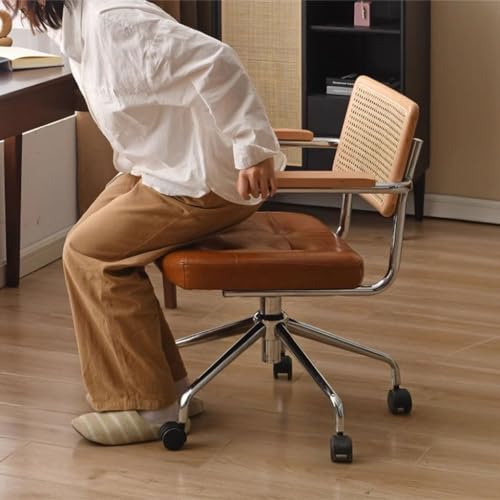 Office Chair Liftable Office Chair with Rattan Backrest, Book Chair with Armrests, Living Room Chair Color: Brown and Dark Green Office Computer Desk Chair(A)