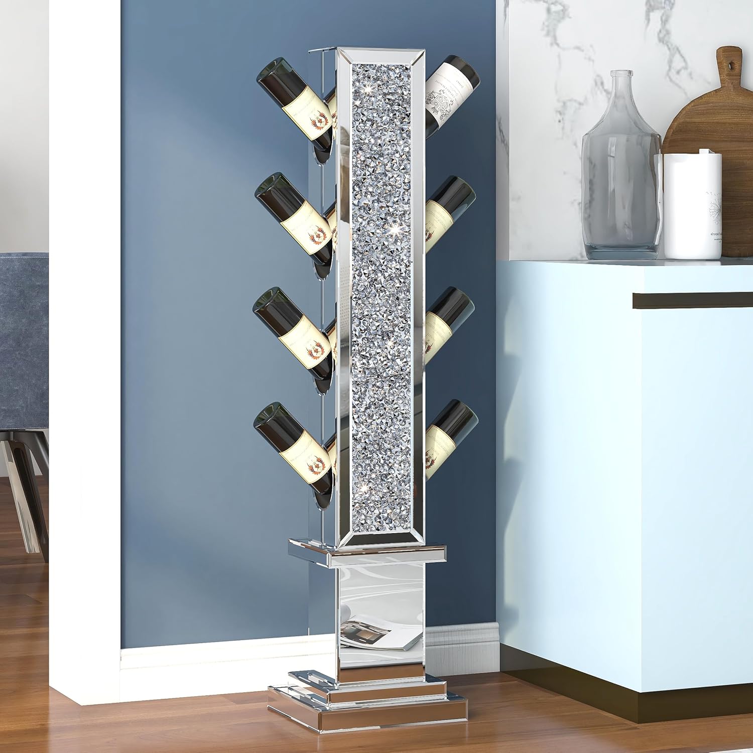 Mirrored Diamond Console Table and Mirrored Diamond Wine Rack Set