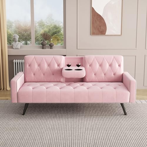 Anwick Velvet Modern Sofa Bed Futon Couch Folding Recliner Sleeper Reversible Loveseat Convertible Daybed, 2 Cup Holders, with Pillow, for Living Room, Apartment, Small Space (Pink)