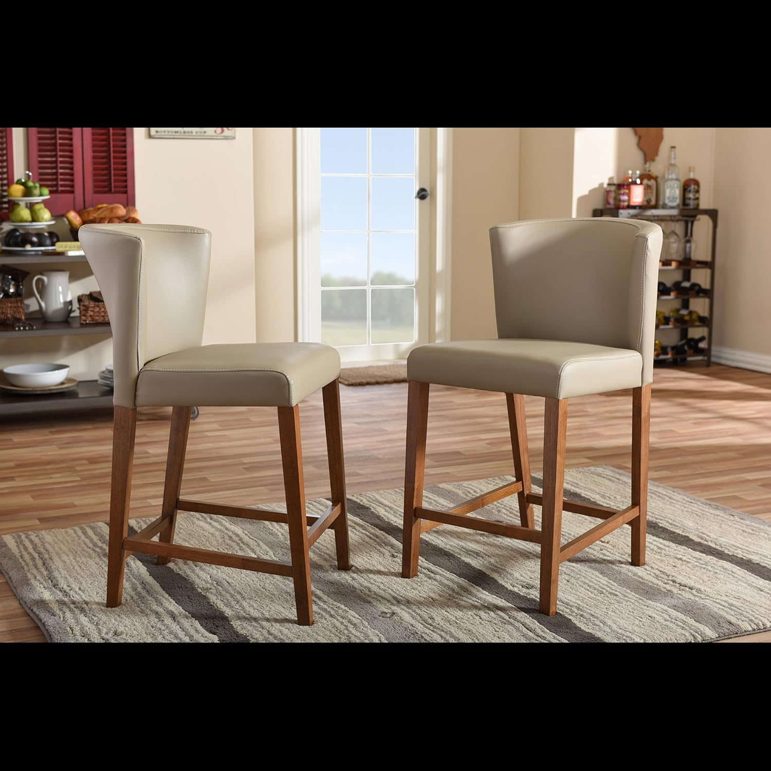 Baxton Studio Olivia Mid-Century Modern Scandinavian Style Dark Walnut Wood with Grey Faux Leather Pub Stool (Set of 2)