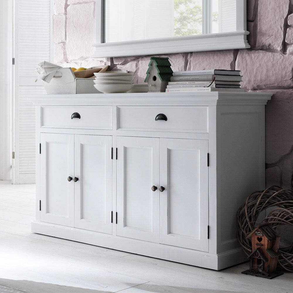 Halifax Pure White Mahogany Wood Sideboard Dining Buffet With Storage And 2 Drawers