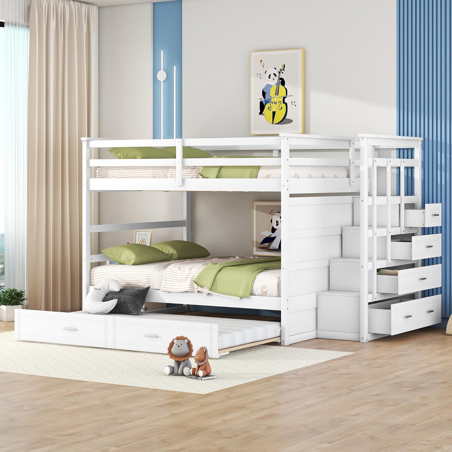 Harper & Bright Designs Full Over Full Bunk Bed with Storage, Wooden Bunk Bed with Trundle and Staircase, White
