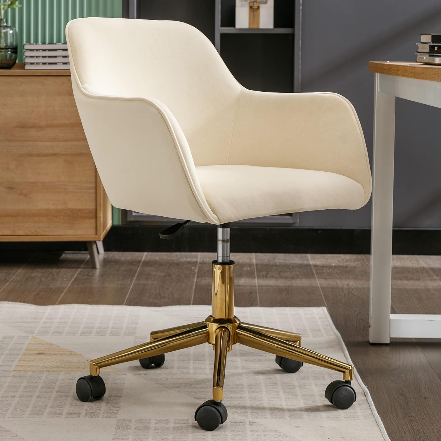 Modern Velvet Fabric Revolving Chair - 360 Degree, 250lbs Weight Capacity, Adjustable Height, Metal Legs, Beige Gold Color, Universal Wheels, Sturdy, Durable, Easy to Assemble Clean, for Home Office