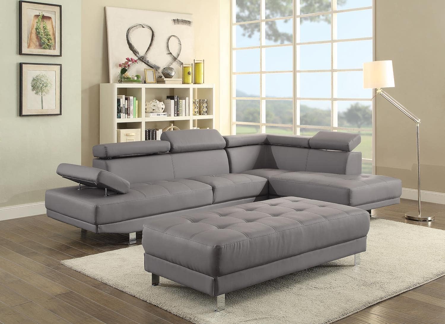 Riveredge 109 in. W 2-Piece Faux Leather L Shape Sectional Sofa in GrayPassion Furniture Indoor Modern Home Decorative Cushioned Tufted