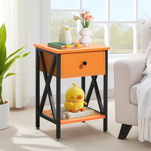 VECELO Nightstands Set of 2, Modern Bedside End Tables, Night Stands with Drawer and Storage Shelf for Living Room Bedroom, Industrial Metal Frame, Orange
