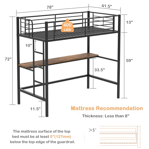VECELO Loft Bed Twin Size with Desk, Metal Bedframe with Removable Ladder and Safety Guardrail, No Box Spring Needed, Space Saving, Noise Free, Black