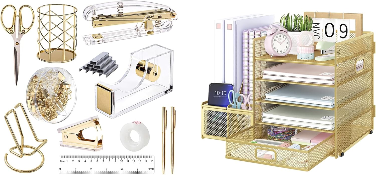 EOOUT Gold Office Supplies Set Desk Combo Set, Acrylic Stapler Set and Mesh Desk Organizer with File Shelves, 5-Layer Paper Tray Organizer for School Home Office Supplies (Gold)