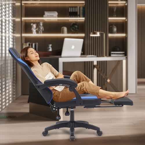 Ergonomic Gaming Chair with Footrest Adjustable Swivel Gaming Computer Chair Video Game Chair with Massage Lumbar Support Big and Tall Gaming Chair for Adults Computer Desk Chair (Black)