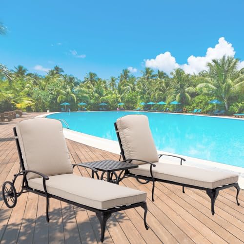 Chaise Lounge Outdoor Chair with Side Table, Adjustable Reclining Rust-Resistant Aluminum Cast Poolside Chaise with Convenient Wheels, Outdoor Lounge Furniture Set of 3, (Beige)