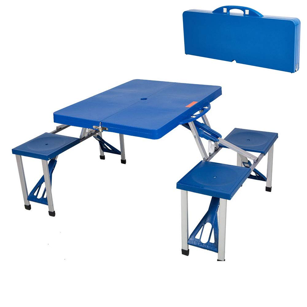 Portable Folding Picnic Table with 4 Seats,Lightweight Plastic Outdoor Camping Suitcase Table with Chairs,Blue