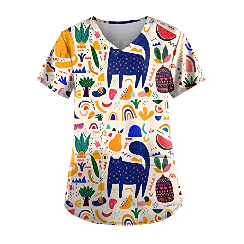 Women's Animal Printed Working Uniform Tops with 2 Pockets V Neck Short Sleeve Tunic Uniform Loose Shirts