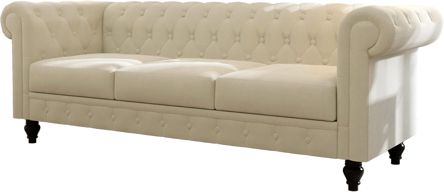 Sofa Couch 88-Inch 3-Seater with Rolling Armrests & Wooden Legs,Deep Button Tufting, Velvet Upholstery & High-Density Cushion,Beige