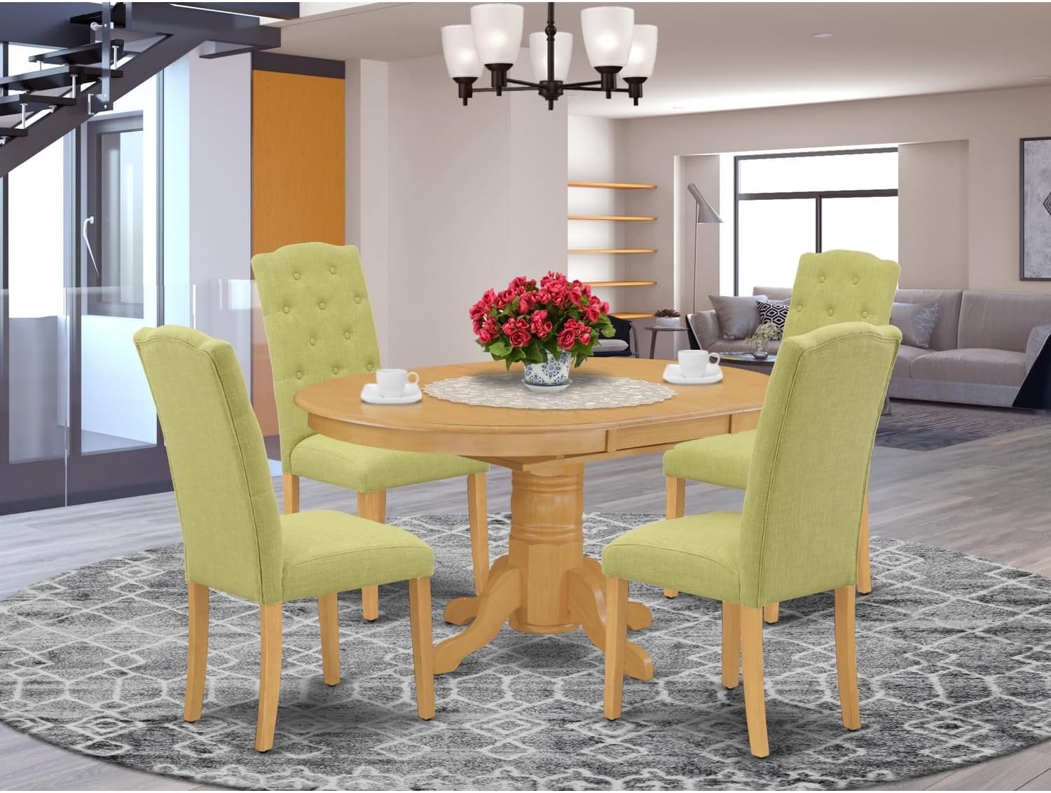 African Adventure 5Pc Dining Set Includes an Oval Dinette Table with Butterfly Leaf and Four Parson Chairs with Lime Green Fabric, Oak Finish
