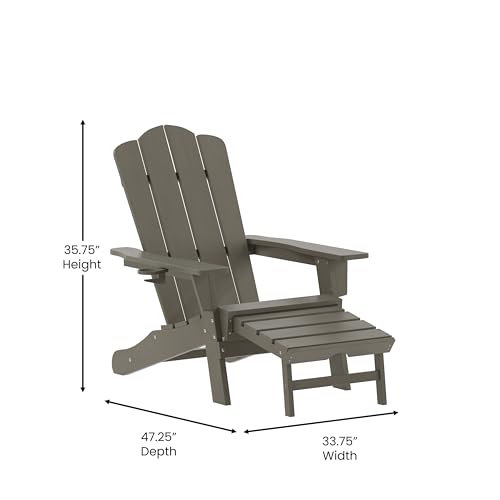 EMMA + OLIVER Tiverton Poly Resin Adirondack Chair with Cup Holder and Pull Out Ottoman, All-Weather Poly Resin Indoor/Outdoor Lounge Chair, Brown