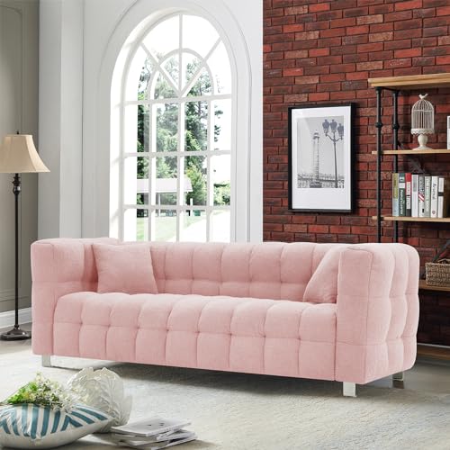 Sofa Couch for Living Room, 80 Inch Modern Upholstered Couch, Teddy Velvet Tufted Sofa with 2 Pillows, Wide Arm and Metal Legs, Comfy Couch Sofas for Office, Apartment (Pink)